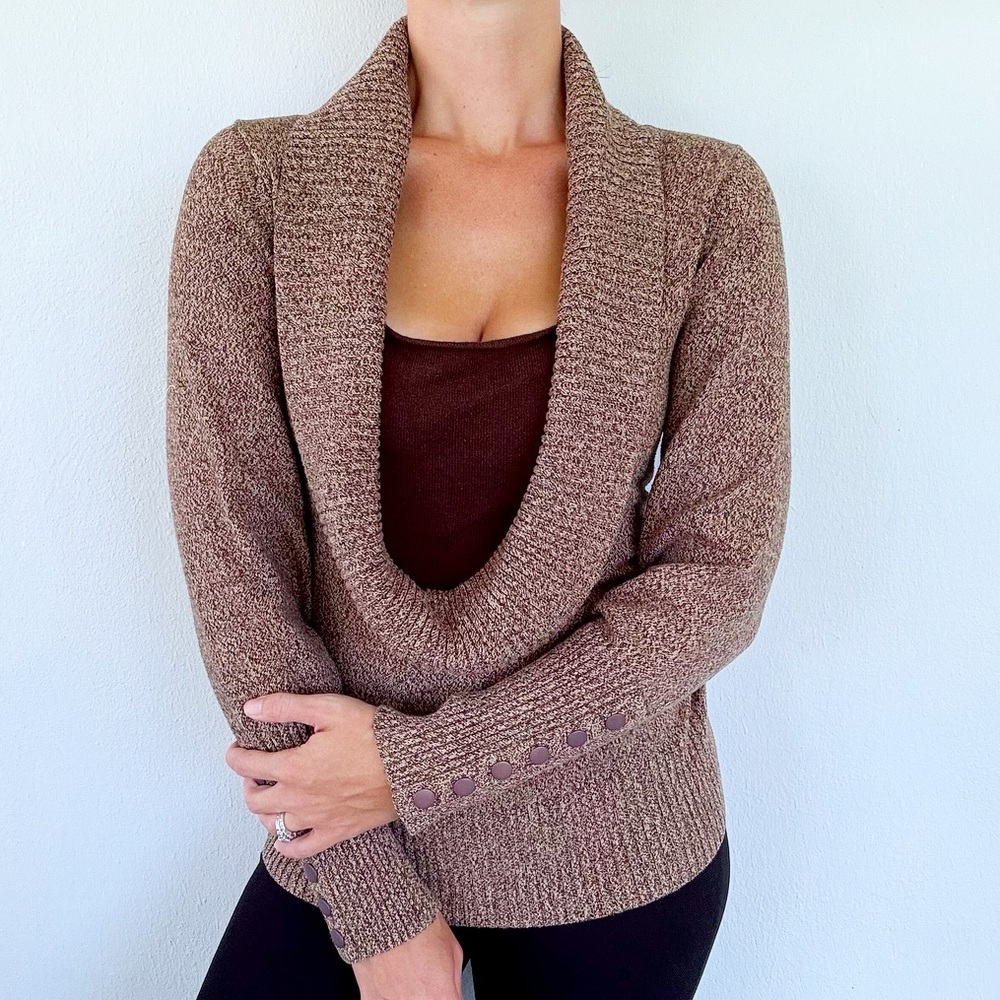 Dressbarn petite brown cable knit layered cowl neck button sleeve sweater PL